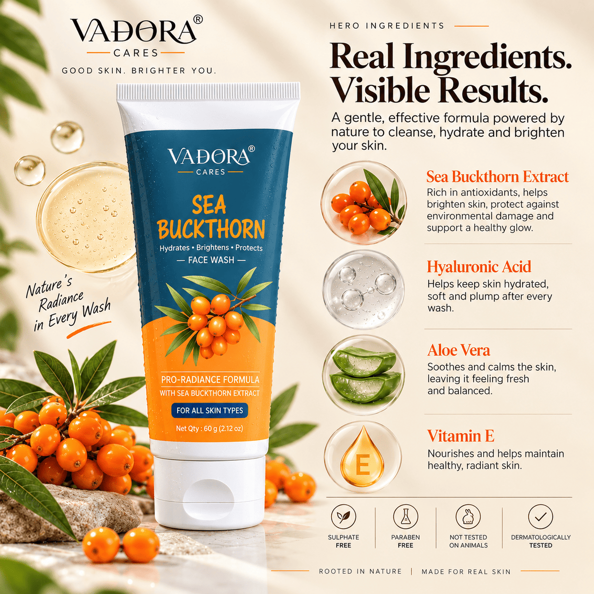 Vadora Sea Buckthorn Face Wash with its key ingredients: sea buckthorn extract, hyaluronic acid, aloe vera and vitamin E