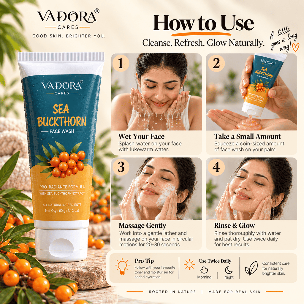 How to use Vadora Sea Buckthorn Face Wash: wet your face, take a small amount, massage gently, rinse