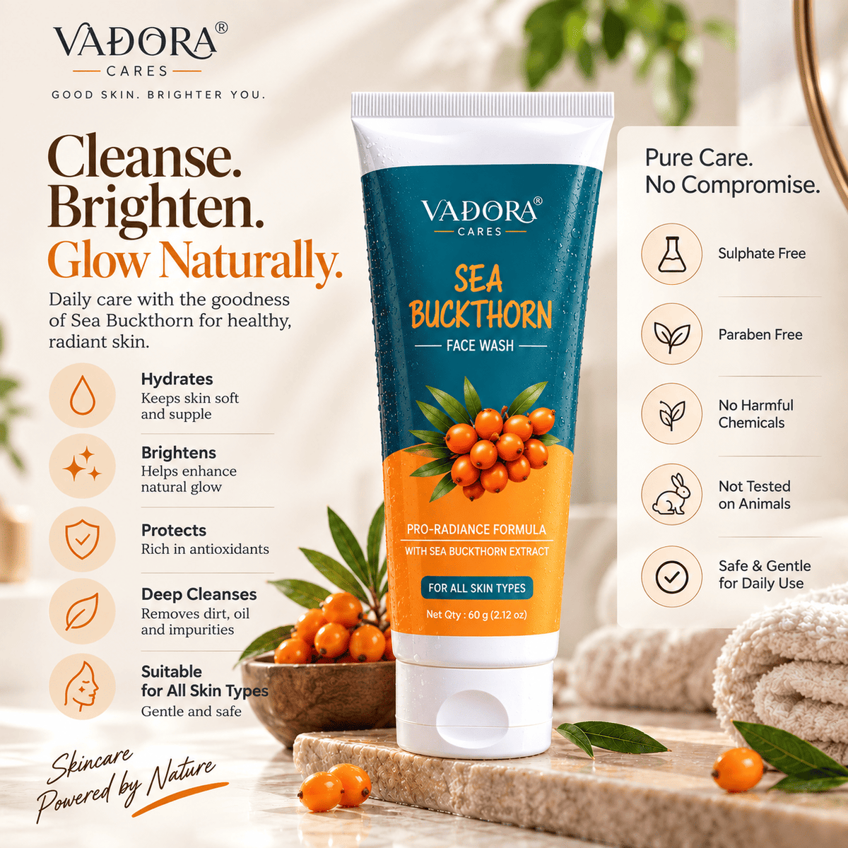 Vadora Sea Buckthorn Face Wash benefits: hydrates, brightens, protects and deep cleanses, suitable for all skin types