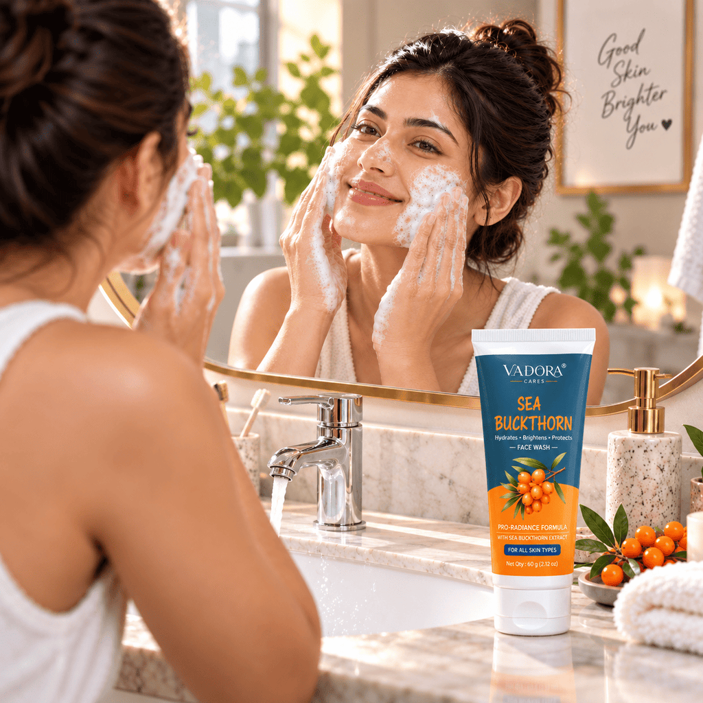 Woman lathering Vadora Sea Buckthorn Face Wash at a bathroom mirror