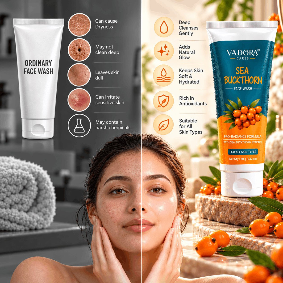 Vadora Sea Buckthorn face wash compared with an ordinary face wash