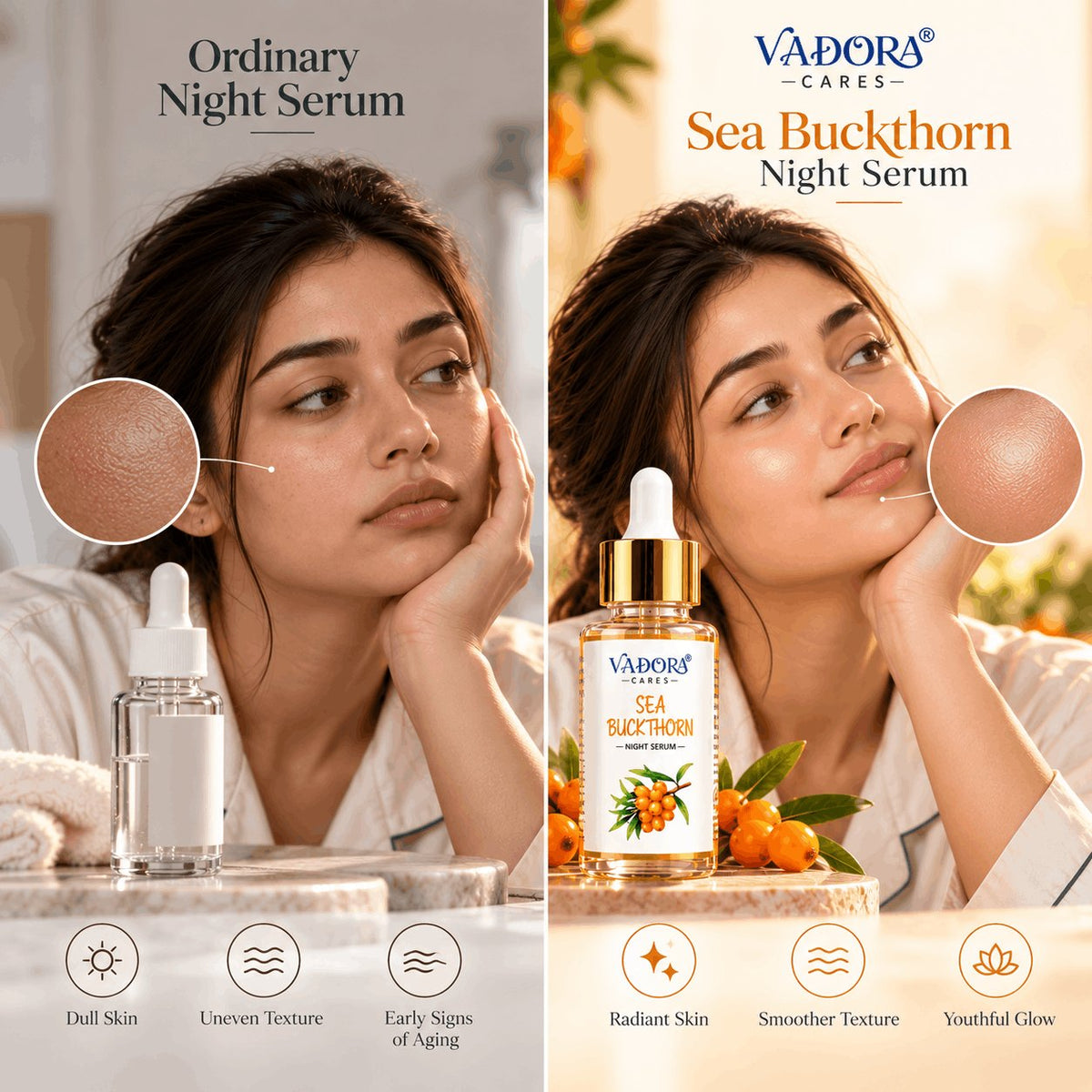 Vadora Sea Buckthorn Night Serum compared with an ordinary night serum