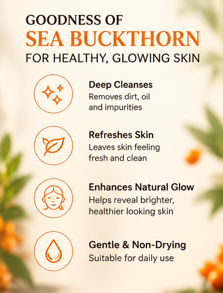 Benefits of Vadora Sea Buckthorn Face Wash: deep cleanses, refreshes, enhances natural glow, gentle and non-drying