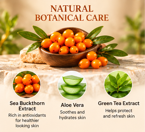 Botanical ingredients: sea buckthorn extract, aloe vera and green tea extract