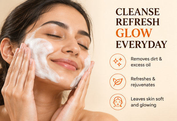 Woman lathering Vadora Sea Buckthorn Face Wash on her face