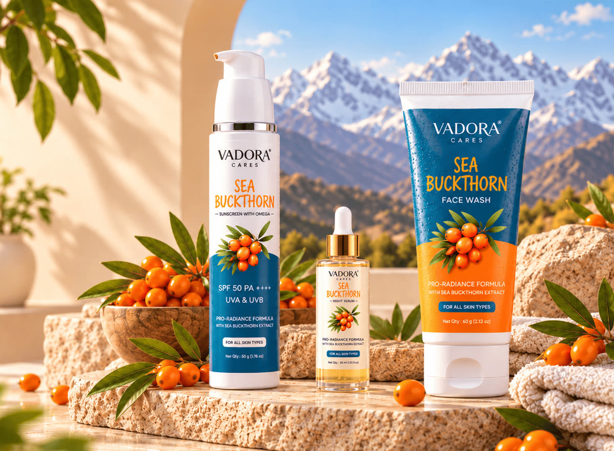 Vadora sun protection, night serum and face wash with fresh sea buckthorn berries against Himalayan peaks