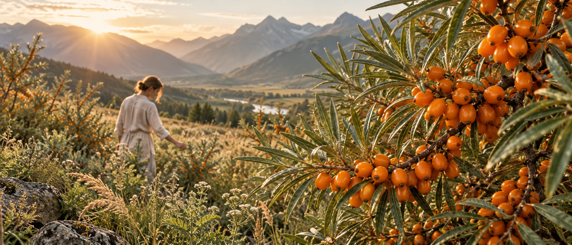 A woman walking through wild sea buckthorn in the Himalayas at sunrise